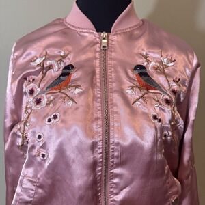 Embroidered Women's Jacket Pink Satin Birds And Flowers Full Zip Button Pocket S